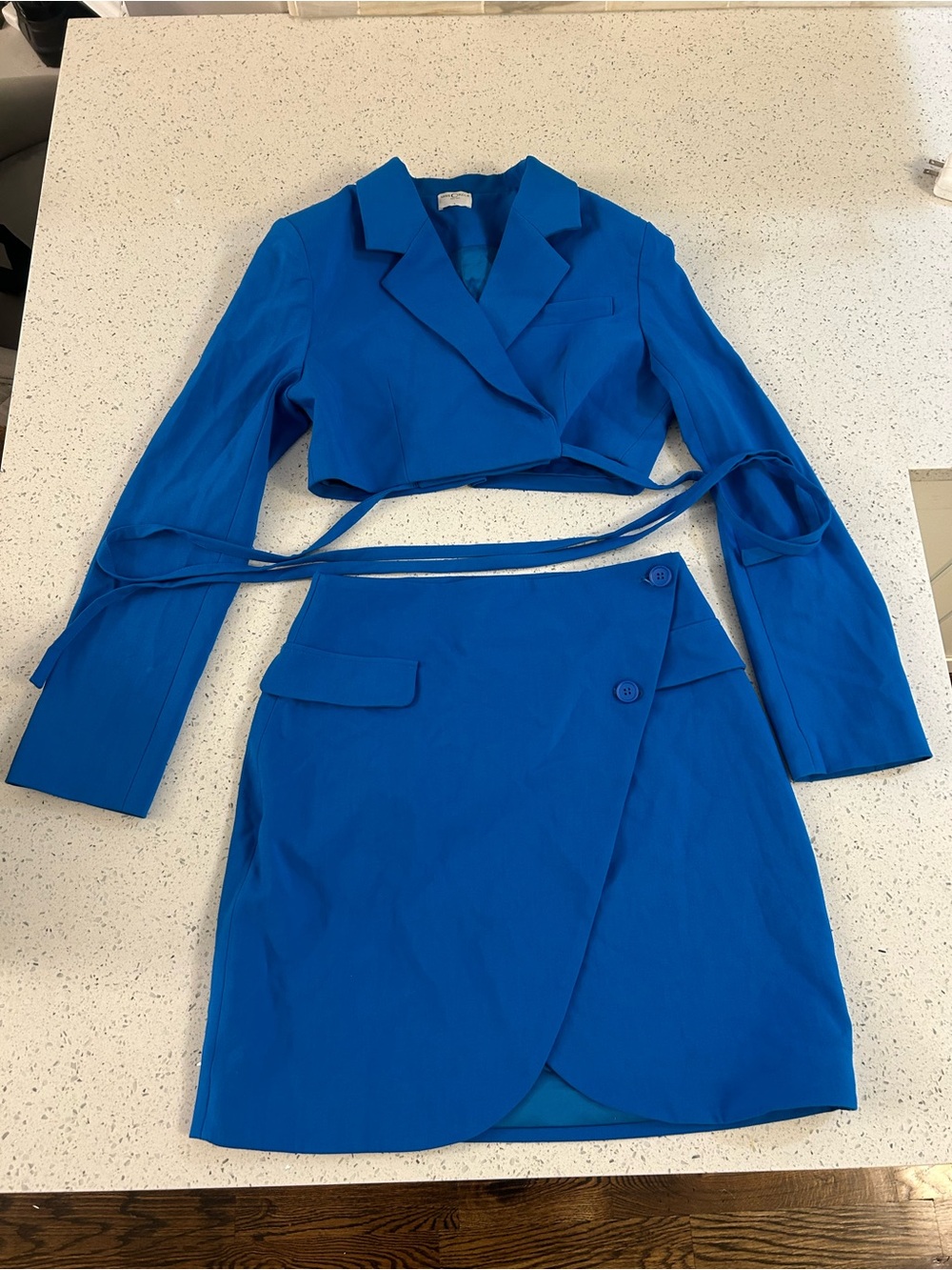 Miss Circle: Cobalt Blue Wrap Mini Skirt and Crop Blazer-women